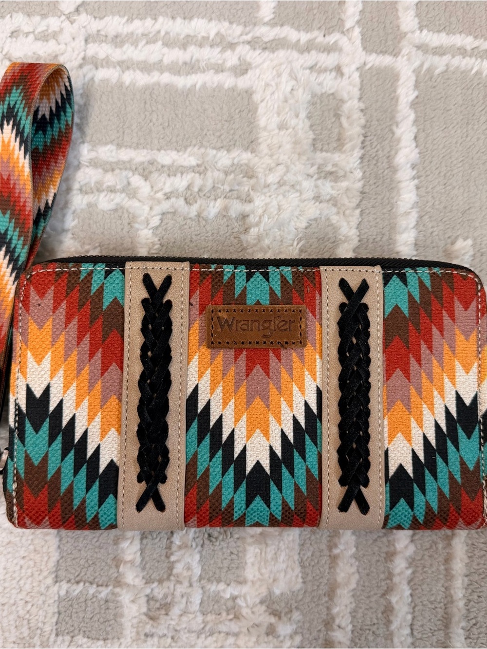 Wrangler Multicolor Aztec Zip Wristlet in Teal, Orange, Red, Black & Cream